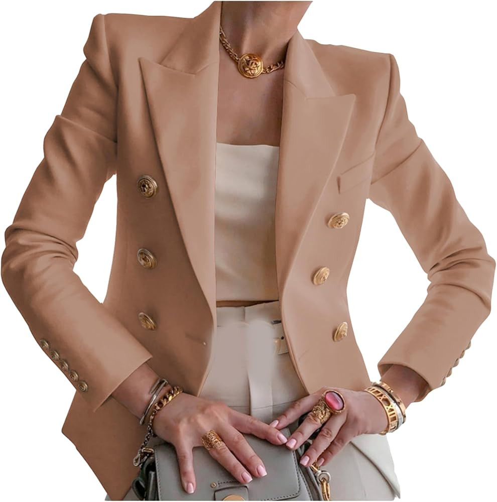 YMING Womens Double Breasted Long Sleeve Blazer Lapel Open Front Jacket Solid Color Work Office C... | Amazon (US)