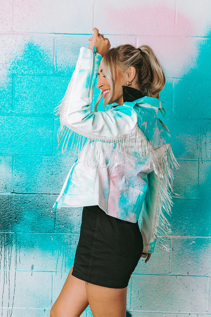 BuddyLove | Rife Crystal Fringe Vegan Leather Jacket | White Splatter | BuddyLove