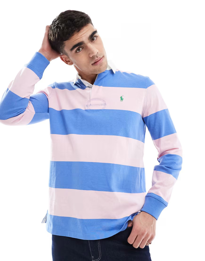 Polo Ralph Lauren icon logo stripe rugby polo in pink/blue | ASOS (Global)