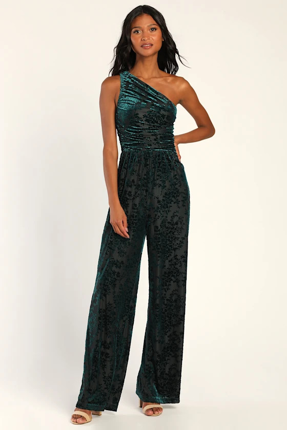 Elegant Forever Teal Burnout Velvet One-Shoulder Jumpsuit | Lulus (US)