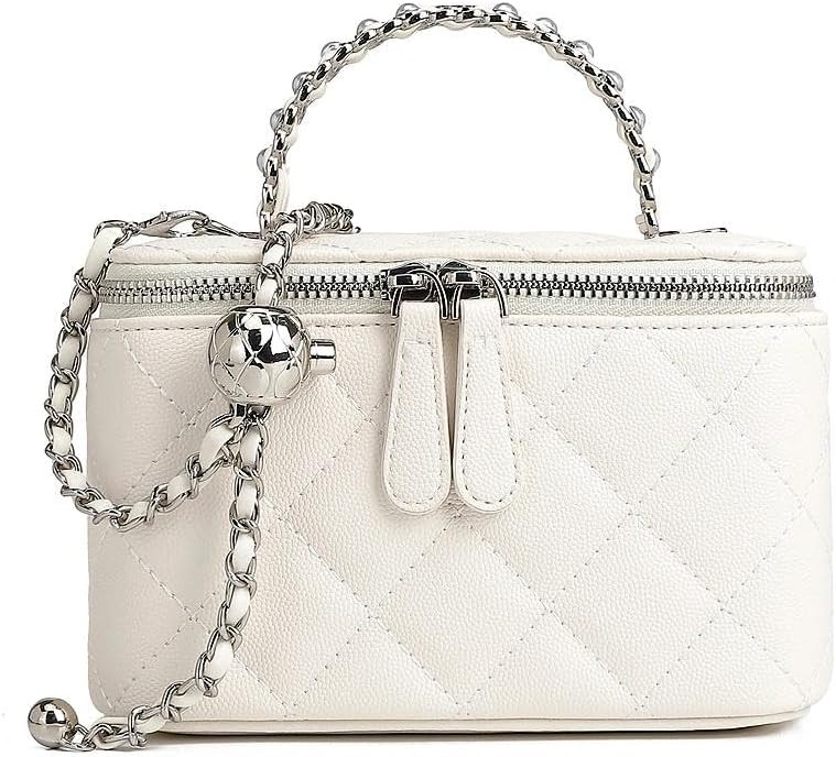 Quilted Vanity Bag for Women, Mini Box Crossbody Purse with Pearl Chain and Top Handle | Amazon (US)