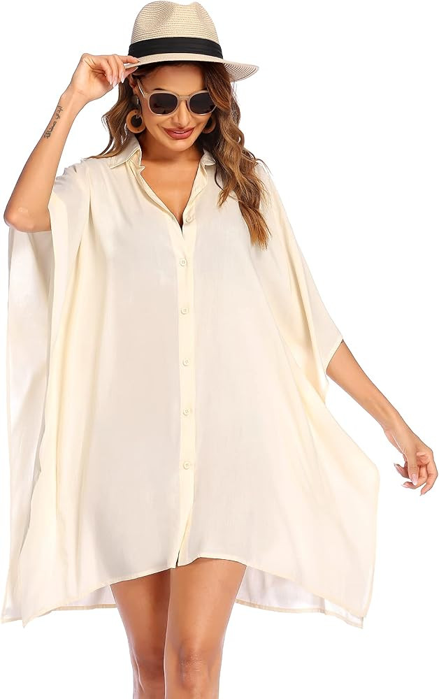 Ekouaer Women's Swimsuit Cover Up 3/4 Sleeve Beachwear Bikini Coverups Button Down Oversized Cover U | Amazon (US)