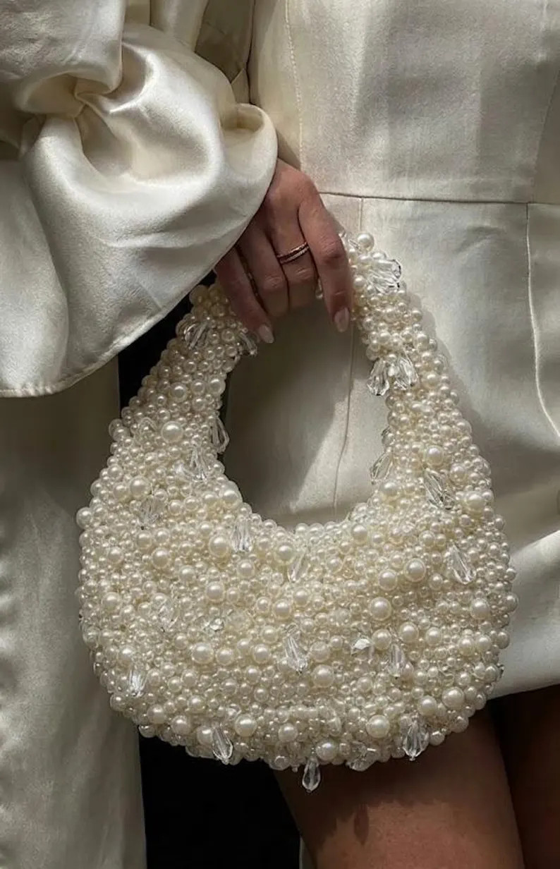 Handmade Pearl Beaded Handbag Vintage Bridal Purse Elegant Evening Bag Crystal Drop Top Handle Ba... | Etsy (Global)
