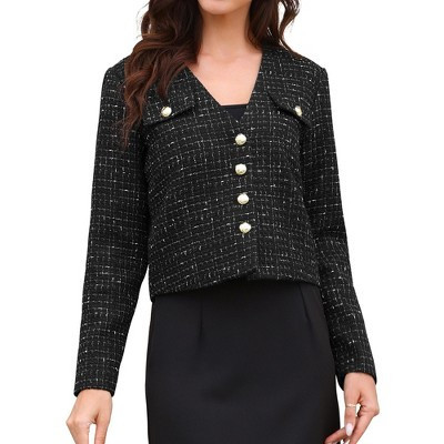 INSPIRE CHIC Women's Tweed Long Sleeve Button Down Collarless Elegant Cropped Jacket Black Small | Target