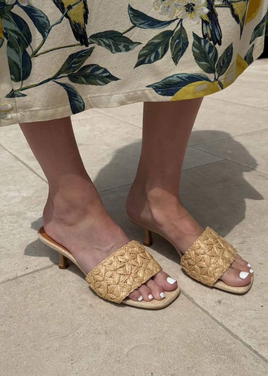 Lolita Floral Woven Raffia Kitten Heel Sandal - Natural | Benaar La