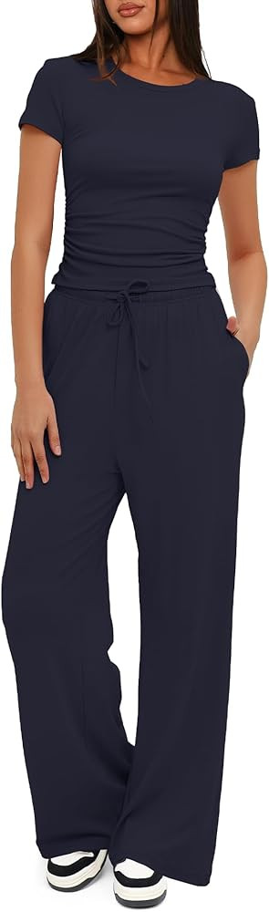 Darong Women's 2 Piece Outfits Lounge Sets Ruched Short Sleeve Tops High Waisted Wide Leg Pants T... | Amazon (US)
