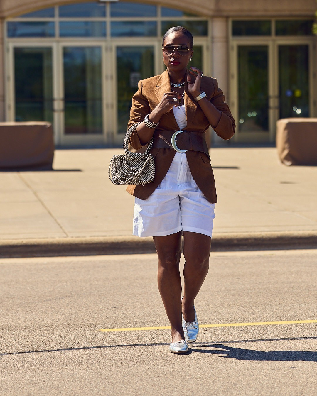 Easy Fall transitional outfit formula: pair Summer white shorts with a brown blazer 🤎🤍 elevated casual style, classy and elegants fits, Reformation, linen, ballet flats, wide leather belts, outfit inspo, OOTD

#LTKootd #LTKOver40 #LTKMidsize