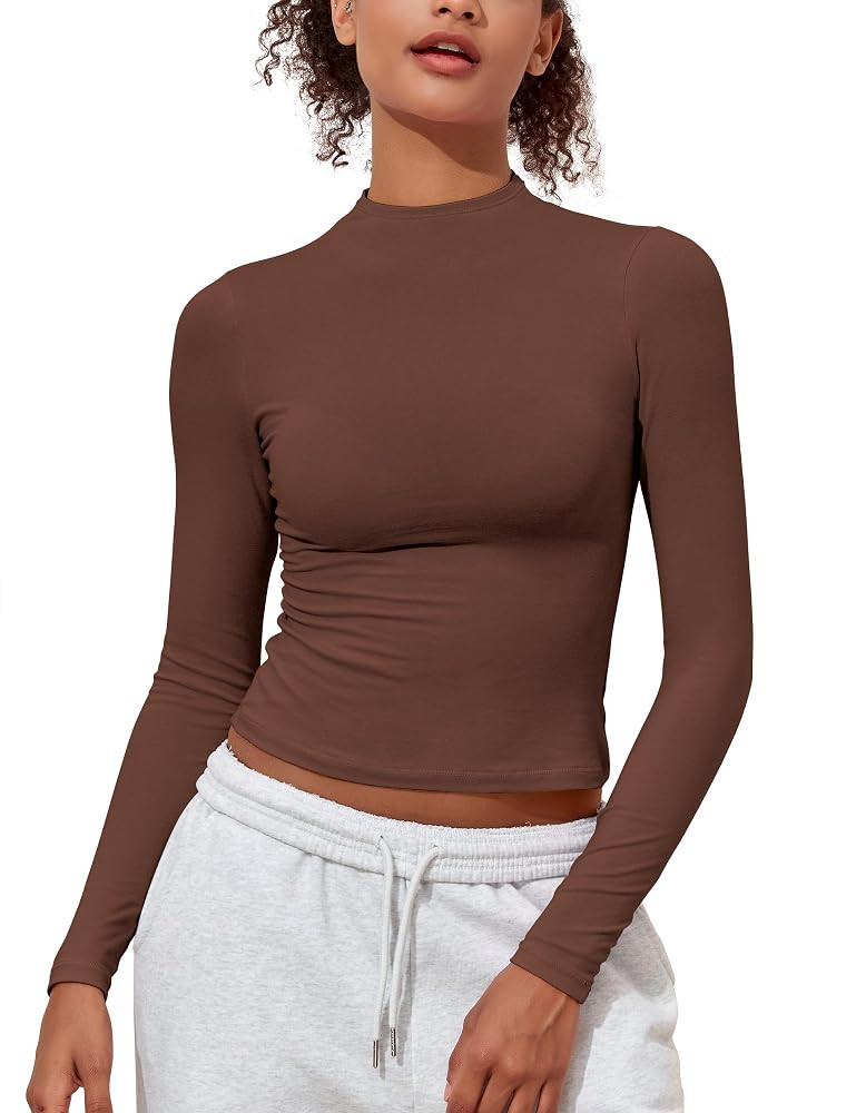 PrettyGuide Women's Cotton Long Sleeve Shirts Mock Neck Basic Tee Tight Fitted Fall Y2K Crop Top ... | Amazon (US)