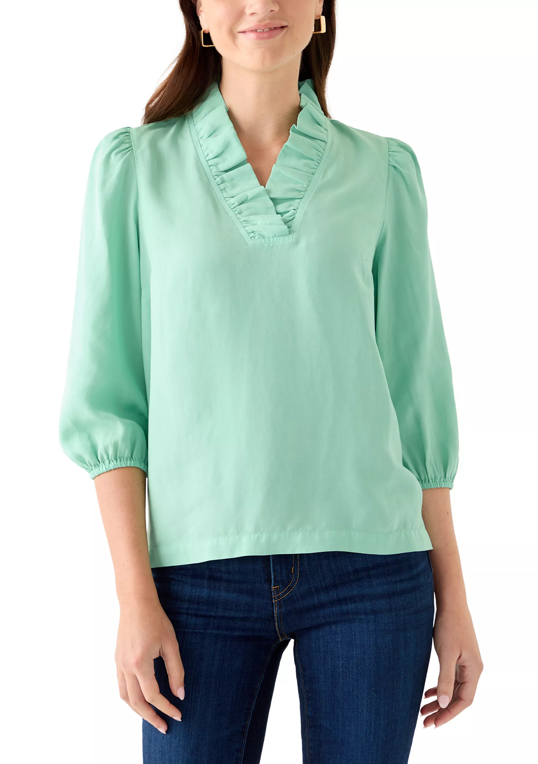 Women's 3/4 Sleeve Ruffle Neck Tencel Blouse | Belk