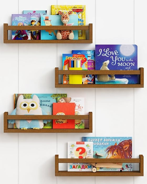 Forbena Walnut Brown Nursery Bookshelf Wall Mounted, Wooden Floating Book Shelves for Wall, Nurse... | Amazon (US)