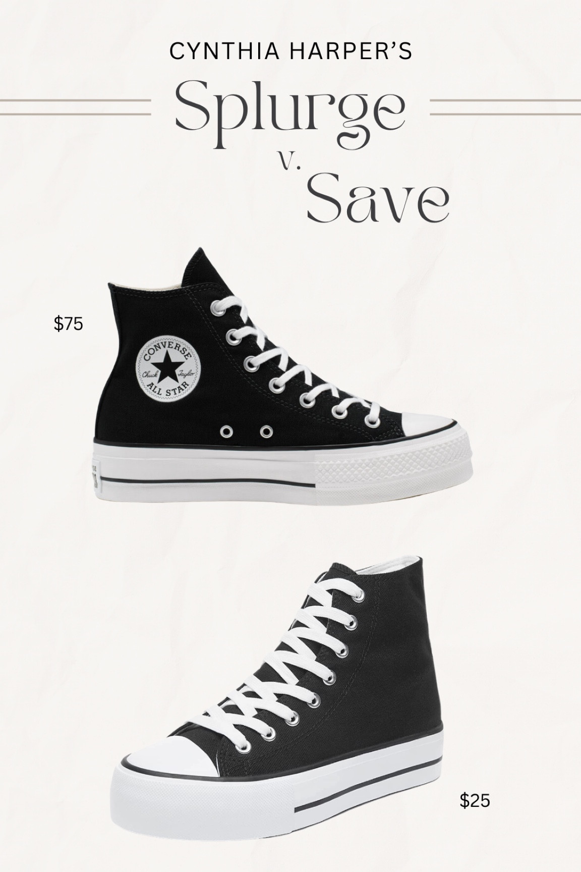 Splurge vs Save! The converse high top platform shoes are a staple and I found a cheaper version on Amazon for only $25! They look very similar for over half the price

#LTKunder100 #LTKFind #LTKshoecrush