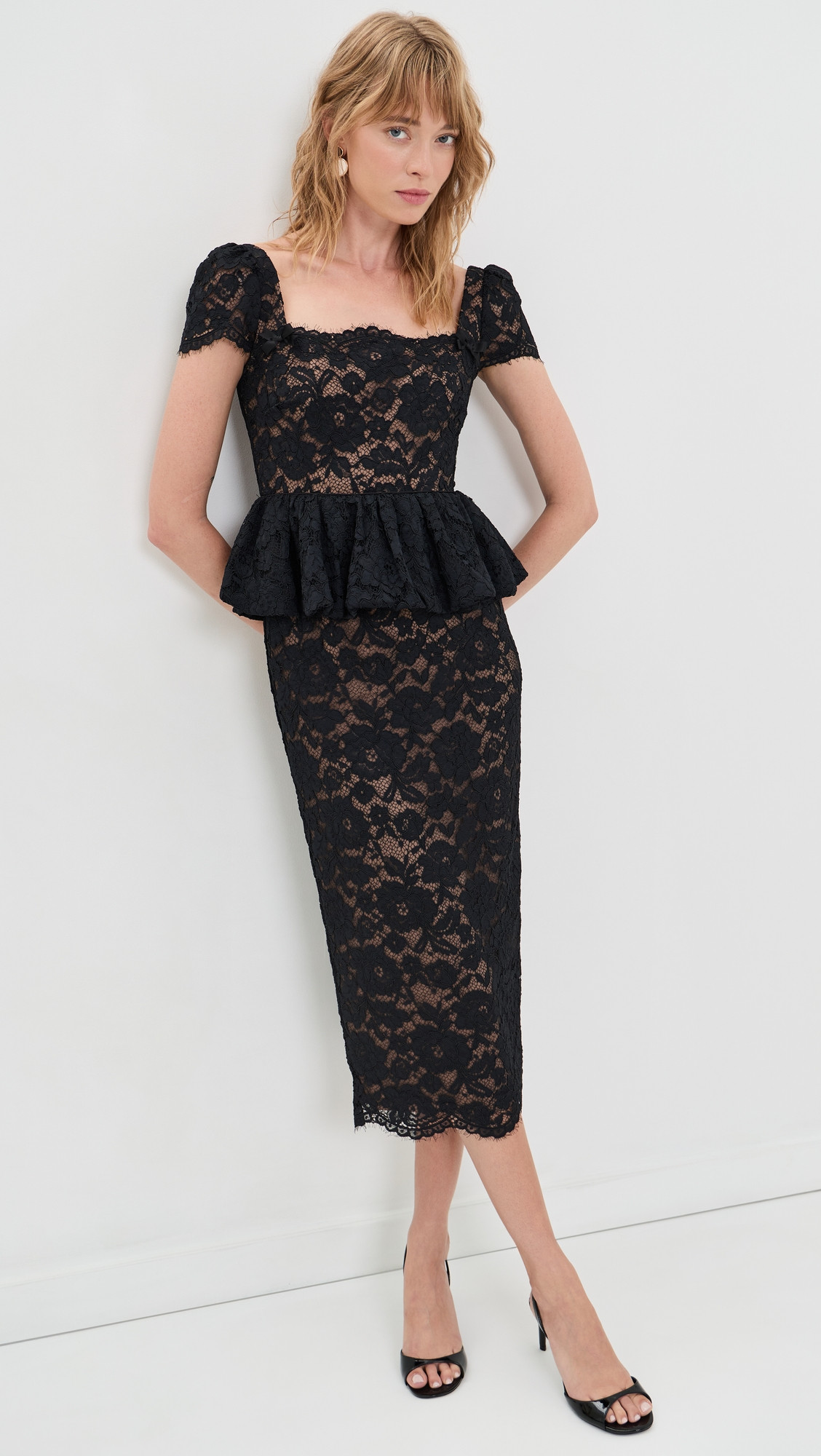 Self Portrait Black Fine Lace Peplum Midi Dress Black 2 | Shopbop