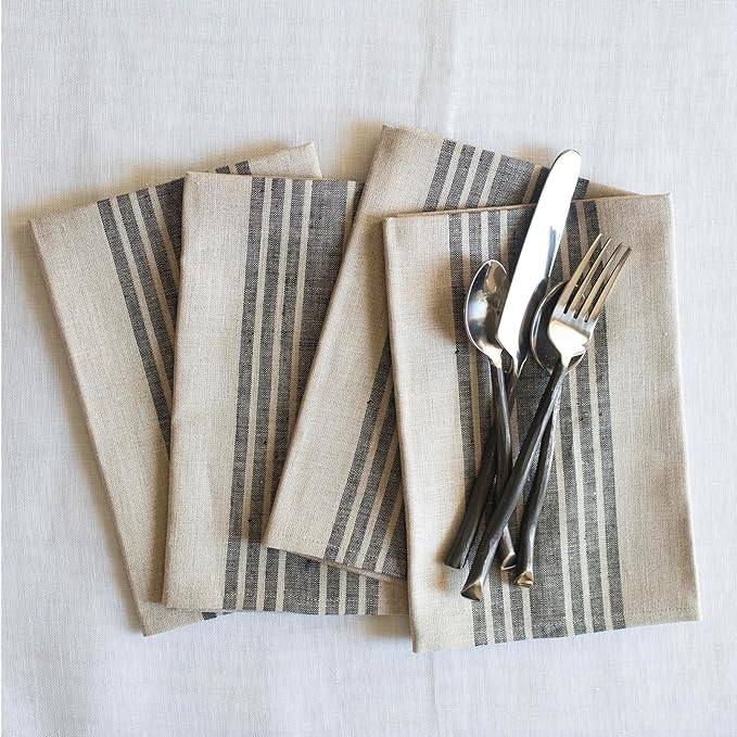 Solino Home Stripe Linen Napkins Set of 4 – 100% Pure Linen Black and Natural Cloth Napkins 20 ... | Amazon (US)