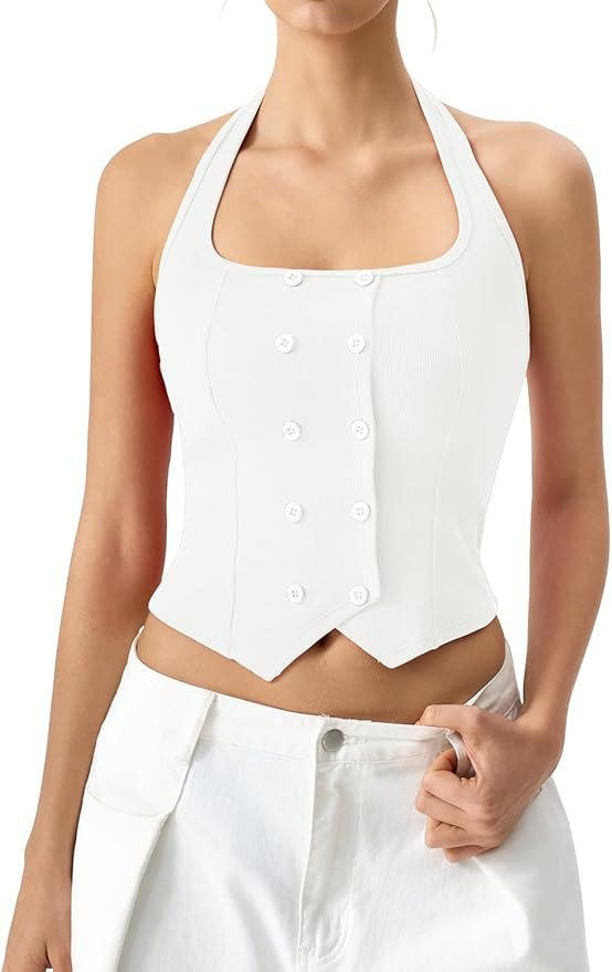 QINSEN Ribbed Sleeveless Tank for Womens Halter Neck Button Trim Slim Fit Cropped Shirt Going Out... | Amazon (US)