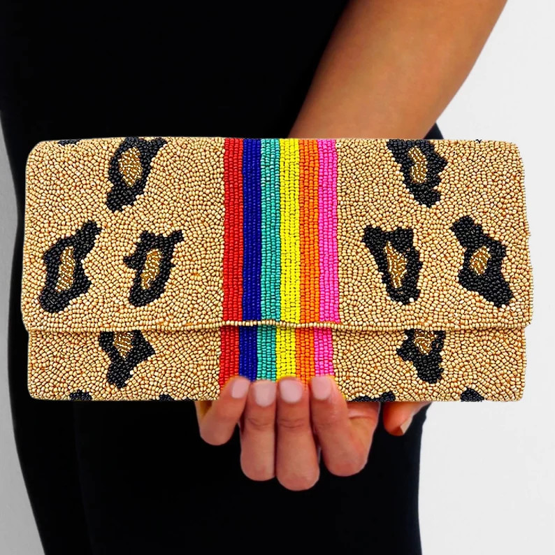 Rainbow Pride Striped Leopard Print Beaded Crossbody Chain Clutch Bag Handbag | Etsy (US)