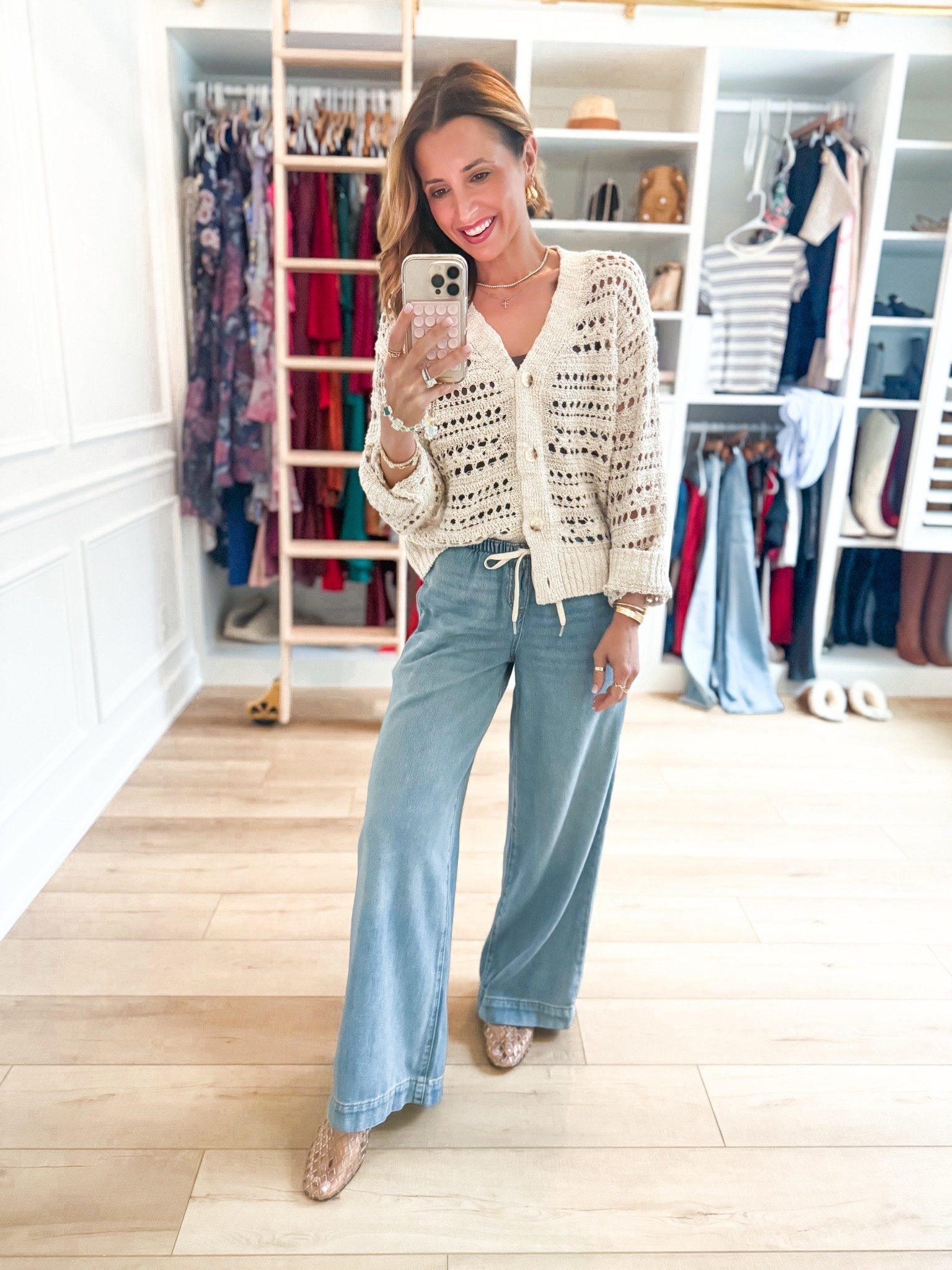 Mom outfit. Casual outfit. Travel outfit. New pull-on style wide leg baggy jeans at Target in XXS. Runs big and a little long - consider sizing down. Denim is so soft! XS in open-stitch cardigan. Jelly ballet flats are whole sizes only - I’m a 6.5 and sized down to a 6 per reviews.

#LTKootd #LTKgrwm #LTKmomlife