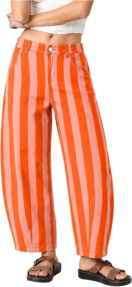 Tankaneo Womens Striped Barrel Jeans Fall Cropped High Waisted Denim Pants | Amazon (US)