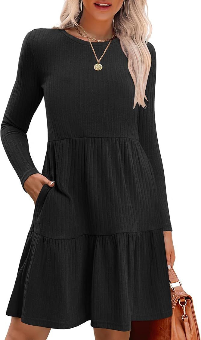 Zeagoo Womens Long Sleeve Fall Dresses with Pockets 2024 Ribbed Knit Casual Crew Neck Knee Length Sweater Dress | Amazon (US)