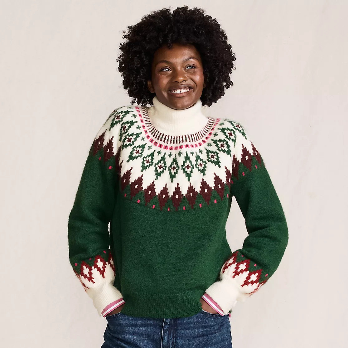 Women's Fuzzy Turtleneck Lantern Sleeve Jacquard Sweater | Lands' End (US)