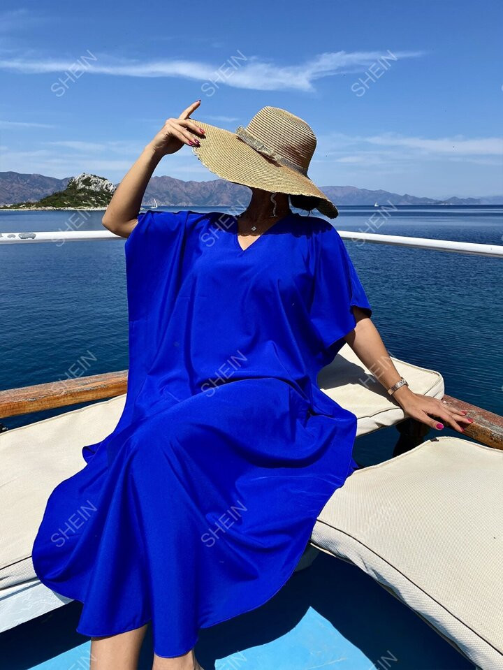 SHEIN Swim Vcay Neon Blue Dolman Sleeve Curved Hem Cover Up Dress | SHEIN