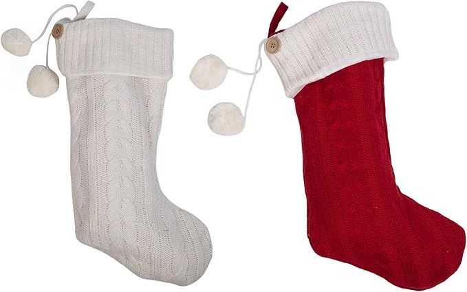 Amazon.com: Transpac Pom Pom Red and White 12 Inch Polyester Christmas Knit Stocking Set of 2 : H... | Amazon (US)