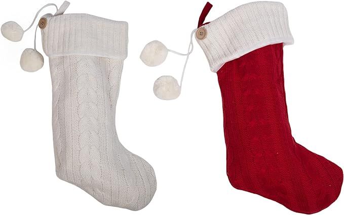 Amazon.com: Transpac Pom Pom Red and White 12 Inch Polyester Christmas Knit Stocking Set of 2 : H... | Amazon (US)