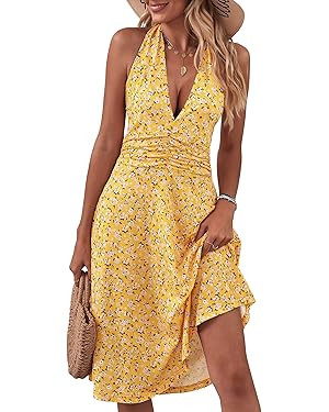 HUHOT Women's Summer Sundress Sleeveless Halter Neck Spring Boho Floral with Pocket Elastic Waist... | Amazon (US)