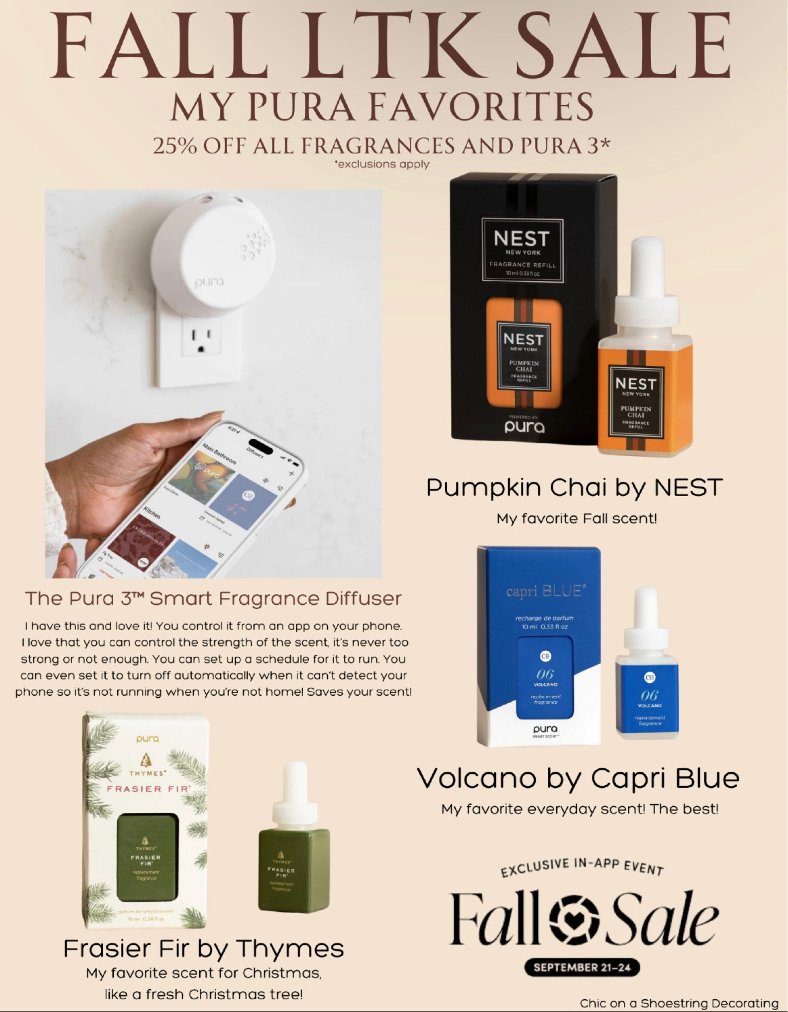 This is the best smart home fragrance diffuser! I have it and I love it! You control it with an app on your phone and can set the strength of the scent so it’s never too strong. Also you can set a daily  schedule so it’s not running all the time when you’re not home. These are my favorite scents! Get it now while it’s on the LTK sale!
#chiconashoestringdecorating
#homefragrance #pura

#LTKSale #LTKhome