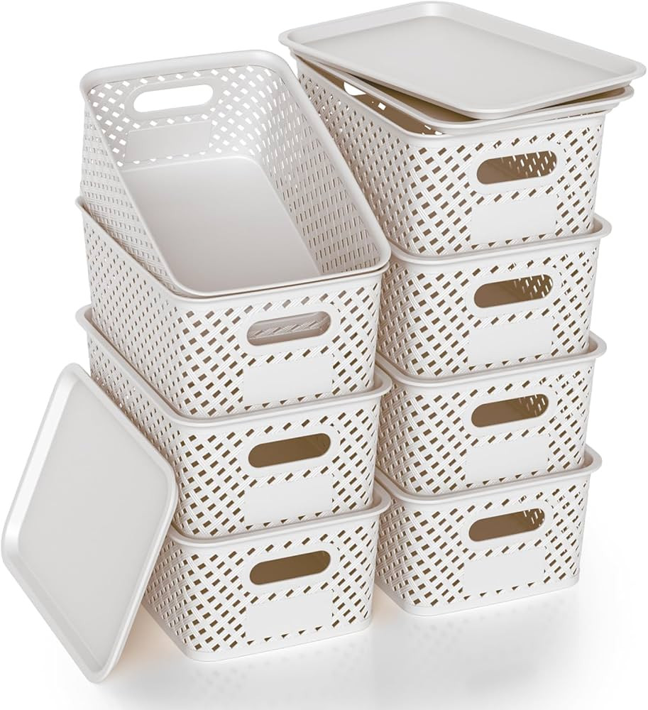 Plastic Storage Bins with Lid, Stackable Small Box Basket for Organizing and Containers for Shelv... | Amazon (US)