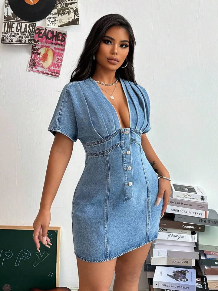 SHEIN SXY Women's Summer Deep V-Neck Ruched Short Sleeve Button Half Placket Sexy Denim Dress | SHEIN