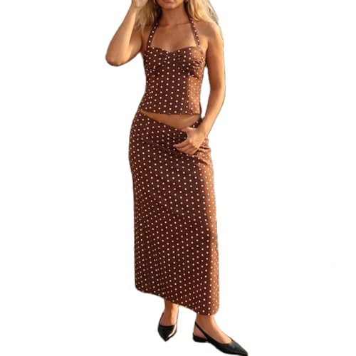 Mxiqqpltky Polka Dot 2 Piece Skirt Sets for Women Slim Fit Halter Cami Top Bodycon Maxi Skirt Set Y2K Beach Vacation Clothes(Brown,Small) | Amazon (US)