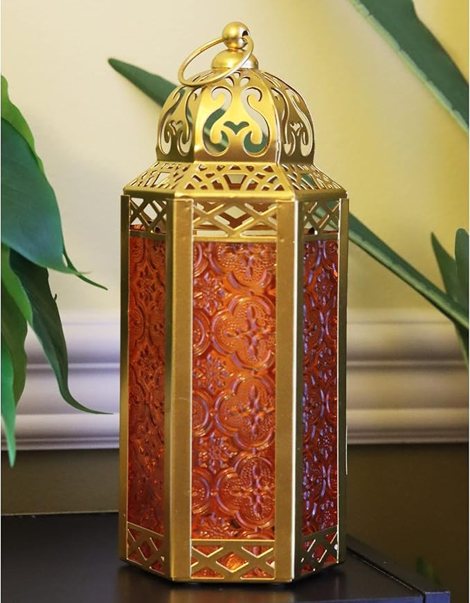 Vela Lanterns Gold Moroccan Decorative Candle Lantern Holder for Ramadan, Amber Glass, Medium | Amazon (US)