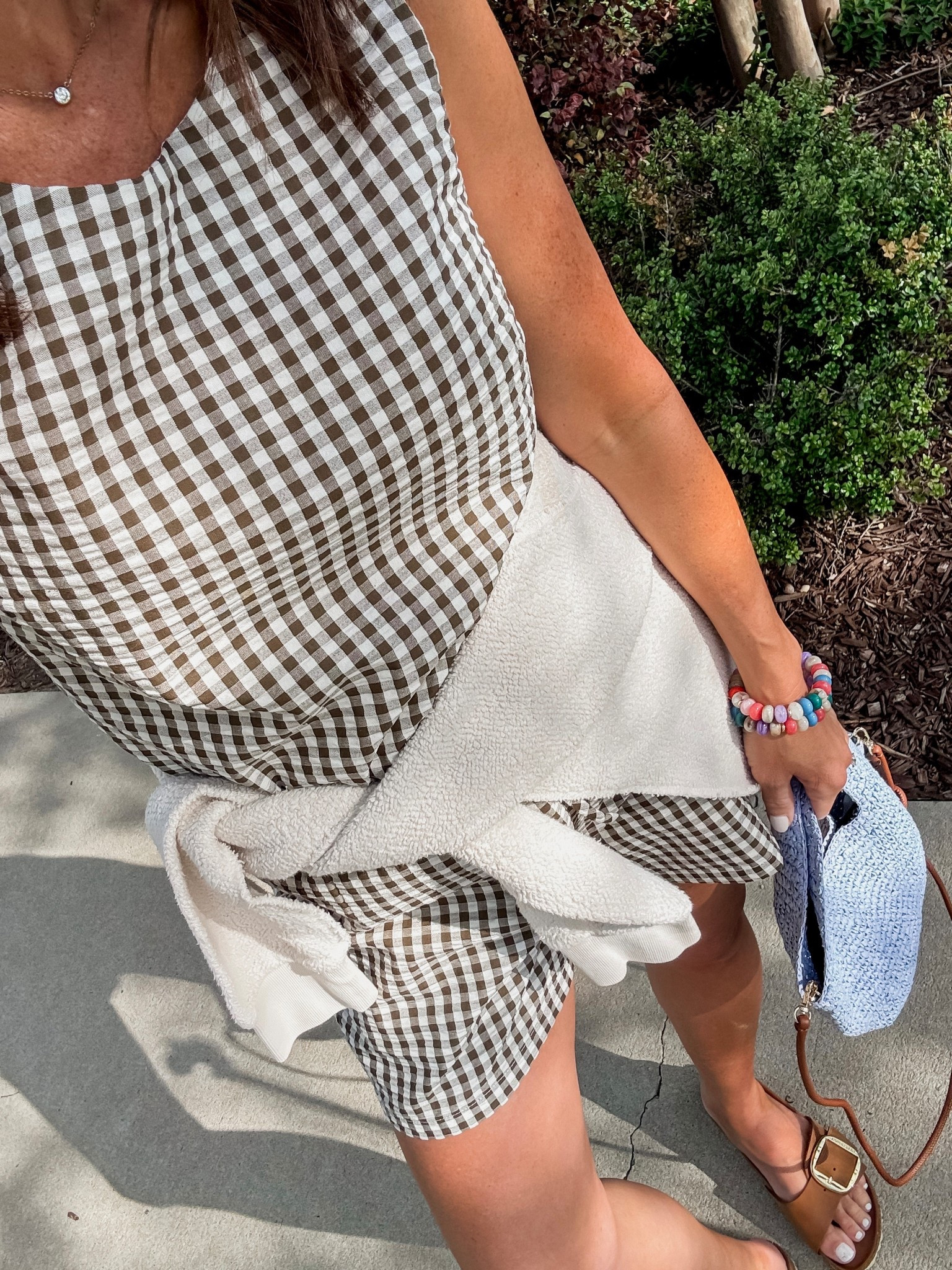 Gingham matching set. Summer gingham. Straw crossbody bag. Birkenstock sandals. 
Top XS. Shorts S. Sweatshirt M. Sandals TTS

#LTKOver40 #LTKootd #LTKSeasonal