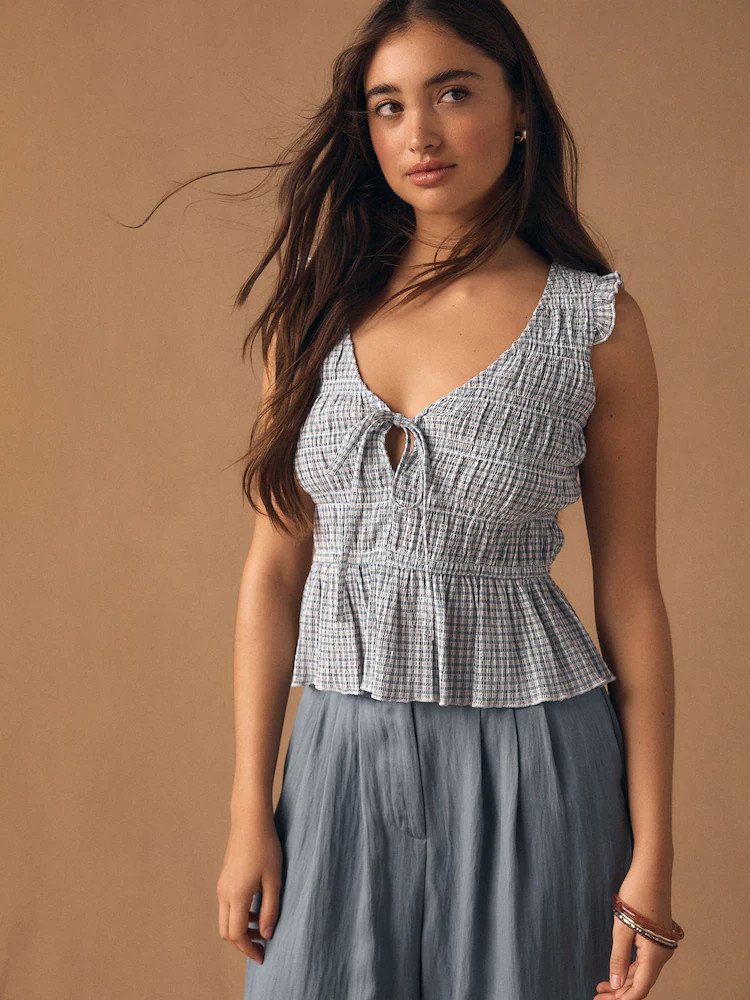 Blue Gingham Shirred Tie Front Sleeveless Top | Next US
