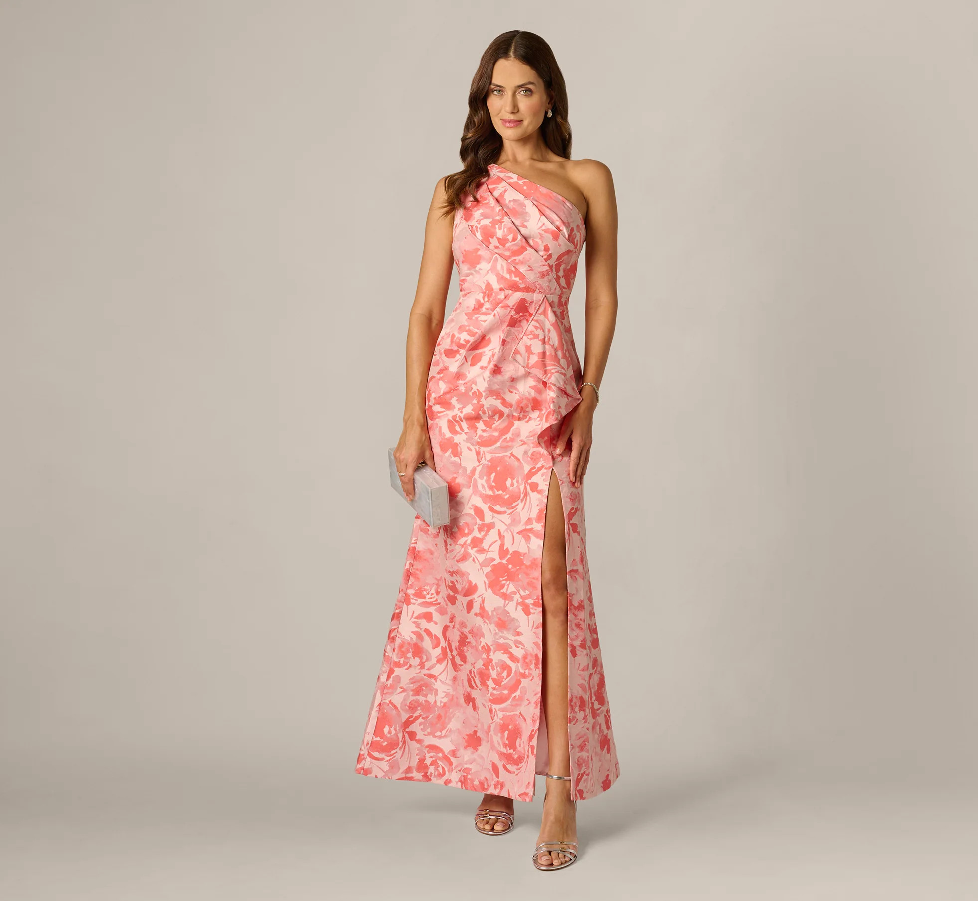 One Shoulder Floral Jacquard Draped Gown In Coral Multi | Adrianna Papell