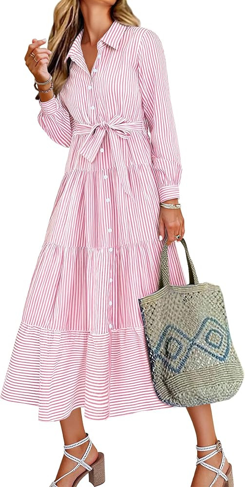 Caracilia Women Long Sleeve Maxi Dress 2026 Spring Casual Button Down Striped Plaid Tie Waist Shi... | Amazon (US)