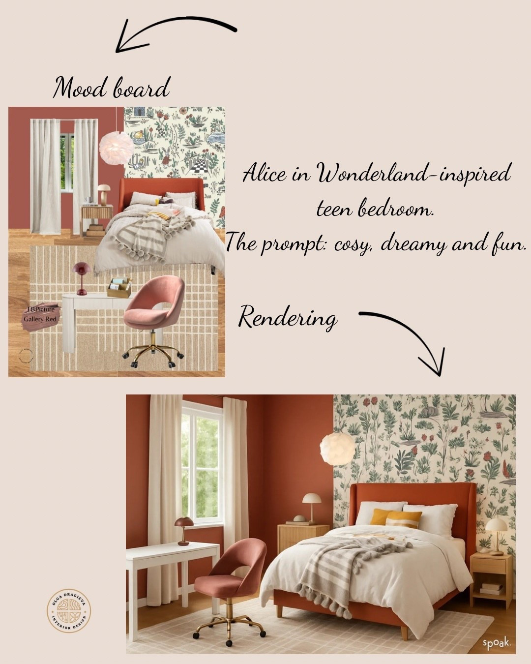 Gorgeous teen/student bedroom! Alice in Wonderland dreamland! How cool is this wallpaper? Neutral rug, white curvy desk, upholstered desk chair, affordable orange upholstered bed, fun wallpaper, mushroom lamp, affordable nightstand. #homedecor #teenbedroom #wayfair 

#LTKFamily #LTKHome #LTKKids