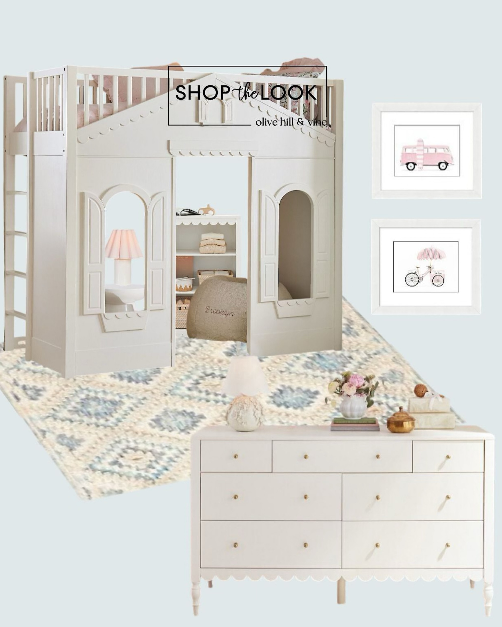 A dreamy blend of function and whimsy! This girl's bedroom doubles as a playroom with scalloped white furniture, a 7-drawer dresser, and a matching bookcase. The loft bed steals the show with shuttered windows and an open doorway, perfect for endless imaginative adventures. 

#LTKFamily #LTKHome #LTKKids