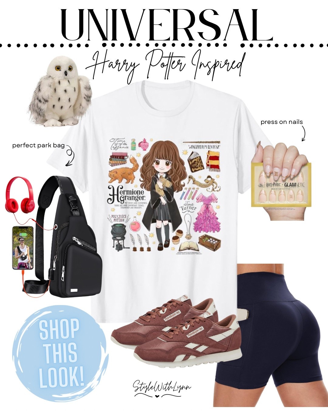 Wingardium Leviosa your style game! ✨⚡ Rocking a Hermione tee, biker shorts, Reebok kicks, a magical crossbody, and Harry Potter-themed press-on nails. Ready to cast some serious outfit envy spells! #MagicInTheAir #HarryPotterStyle 


#LTKStyleTip #LTKTravel