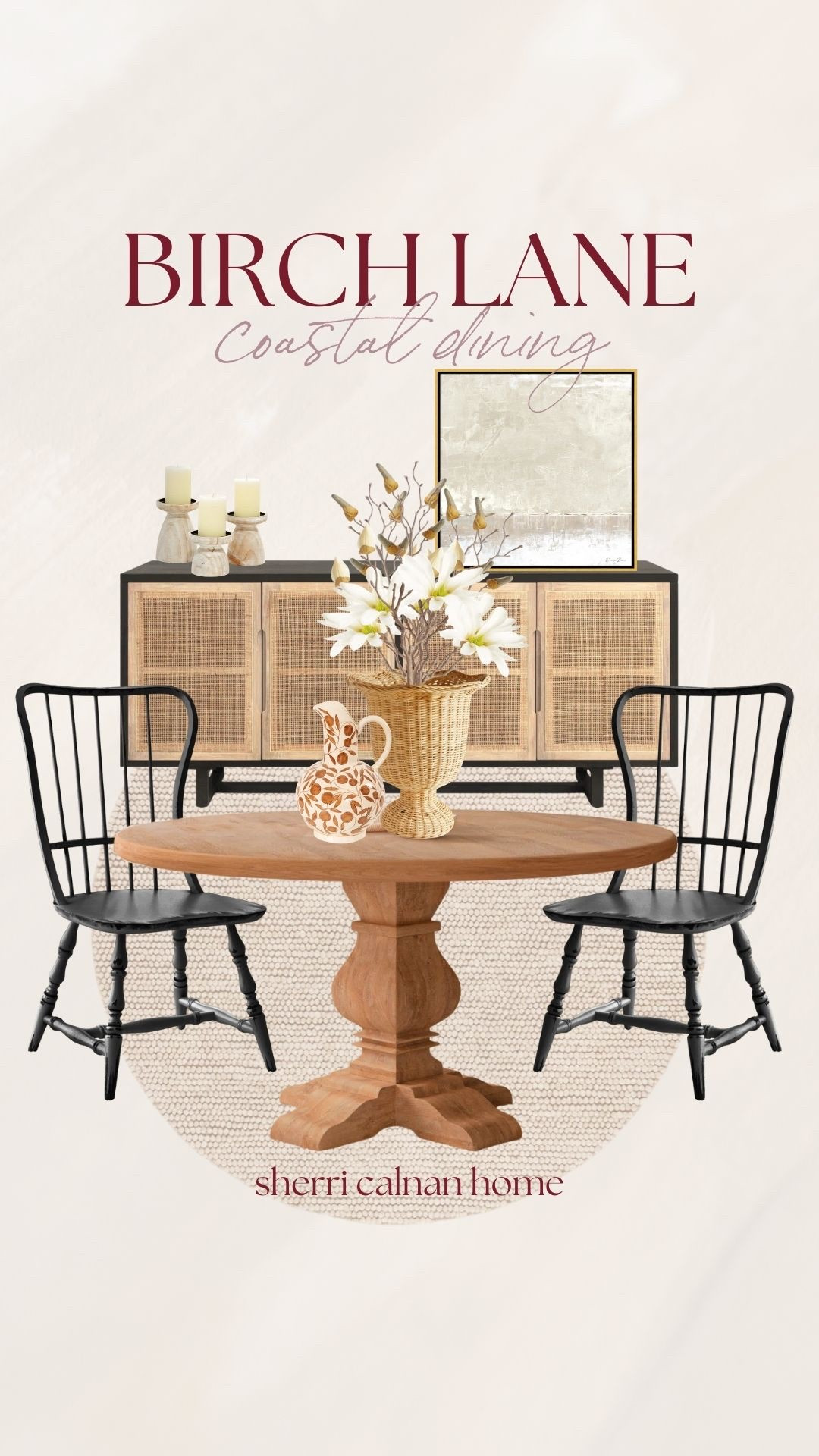 Birch Lane coastal dining styled with natural textures and relaxed elegance. A round wood table paired with classic chairs for an inviting coastal inspired space. Birch Lane dining room, coastal dining decor, neutral dining room, round dining table, classic home style, coastal farmhouse decor, timeless dining furniture, Sherri calnan home

#LTKHome