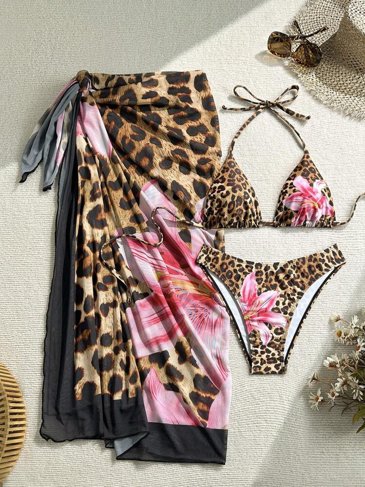 Soleia 3pcs/Set Women's Colorful Leopard & Floral Print Contrast Tie-Up Bikini Swimsuit, Beach Va... | SHEIN