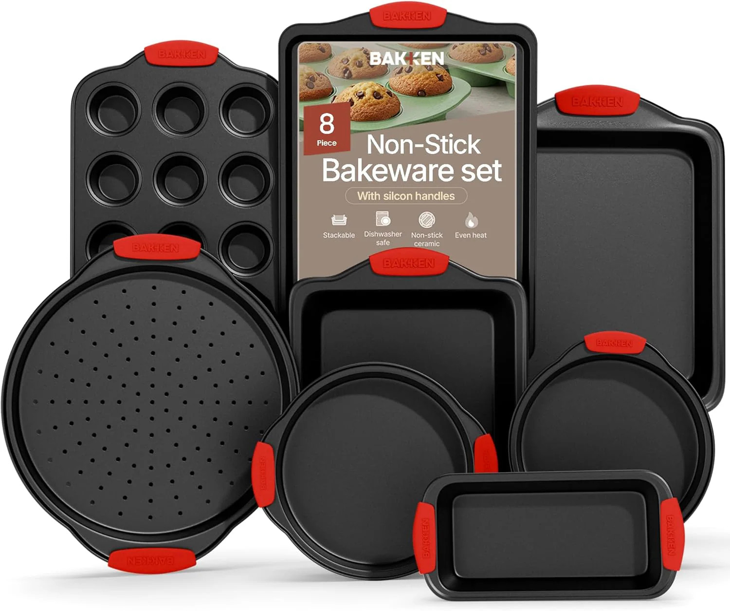 Bakken Swiss 8 Piece Bakeware Set Nonstick Carbon Steel Baking Pans with Red Silicone Handles Oven Safe 450F Includes Cookie Sheets Muffin Pan Loaf | Lowe's
