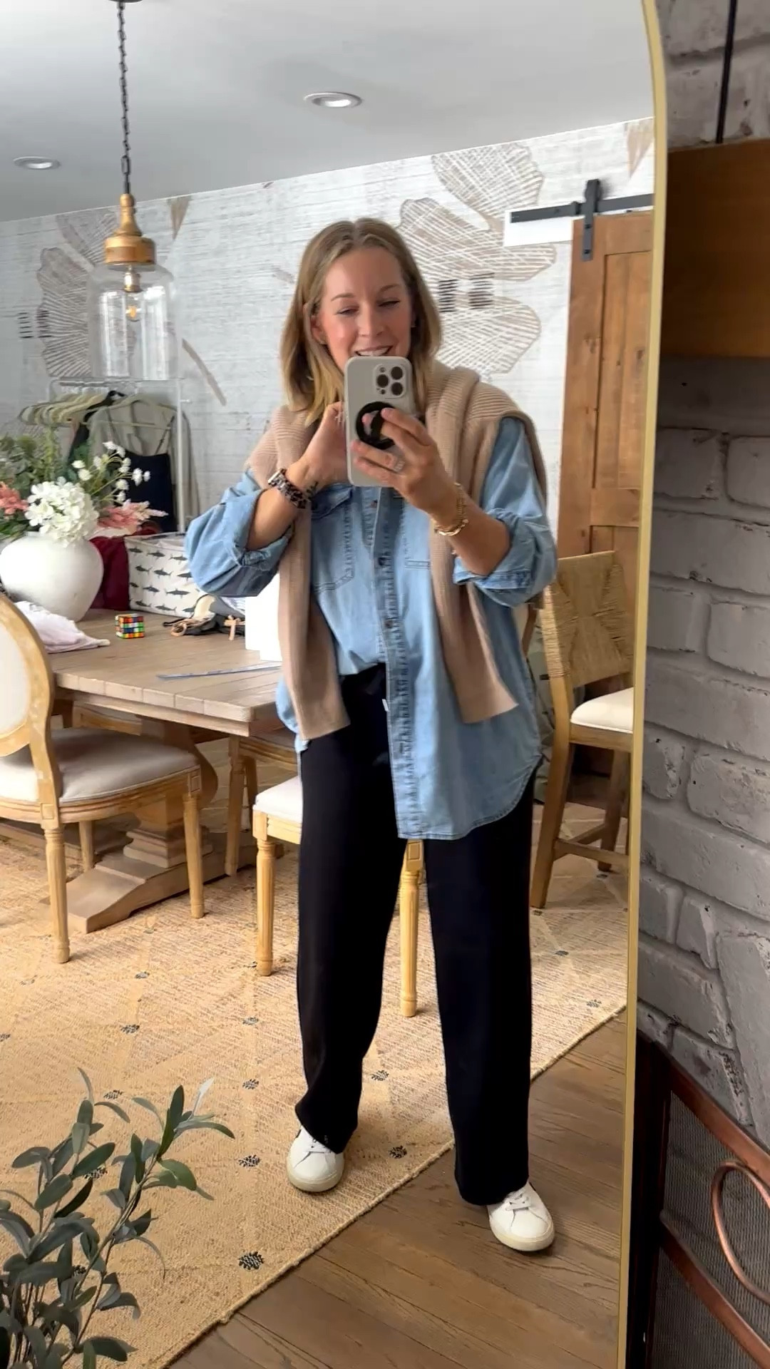 Sneak peek to my next Pinterest style recreation. Medium denim top and it’s SO big. You can definitely size down. Medium 1/4 zip over the shoulder. Cashmere blend. The perfect amount of chunk! Pants are a medium petite and do not have pockets sadly but they’re super comfy!! 

#LTKPetite #LTKootd #LTKgrwm