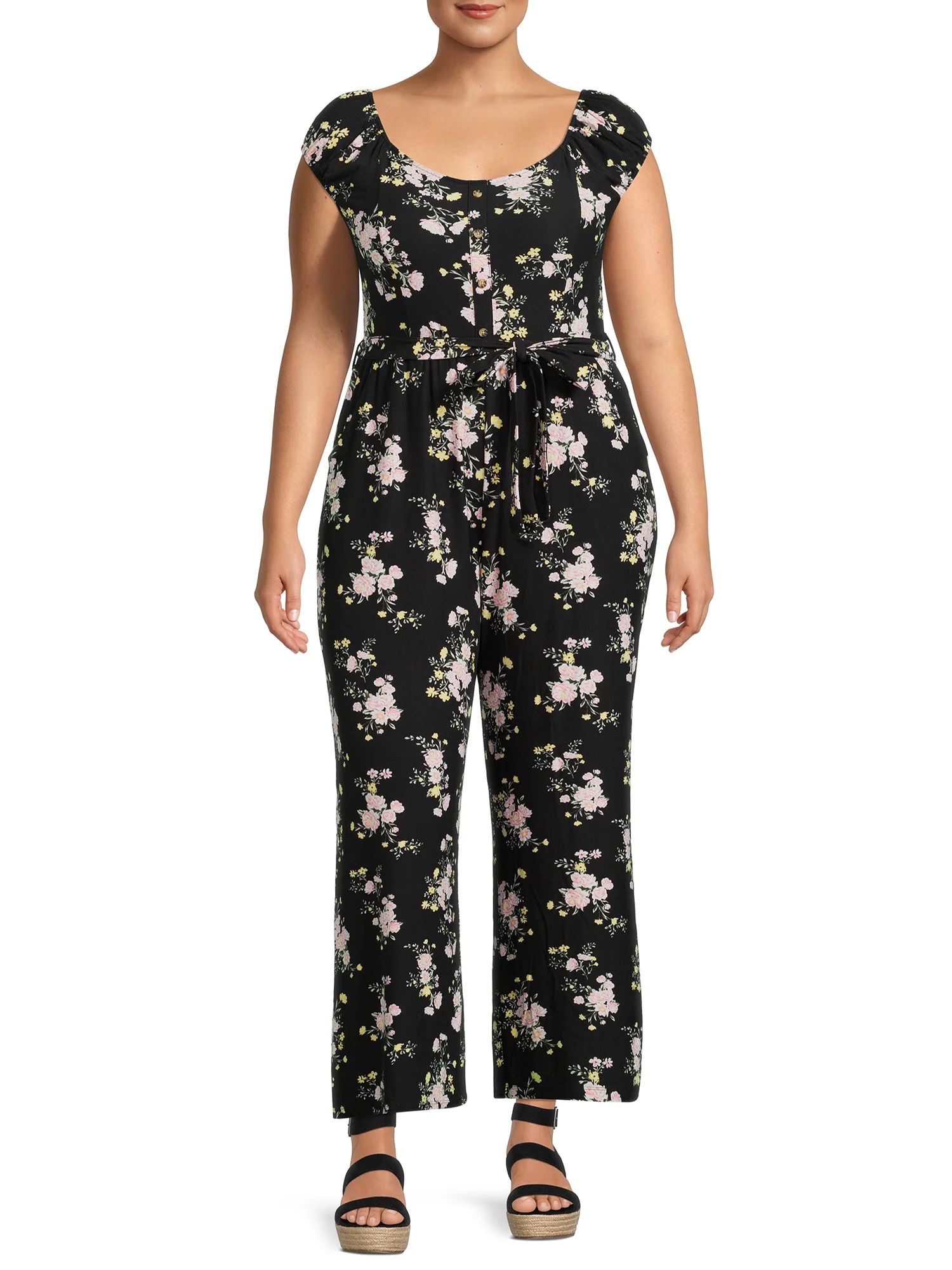 No Boundaries Juniors' Plus Size Peasant Wide Leg Jumpsuit | Walmart (US)