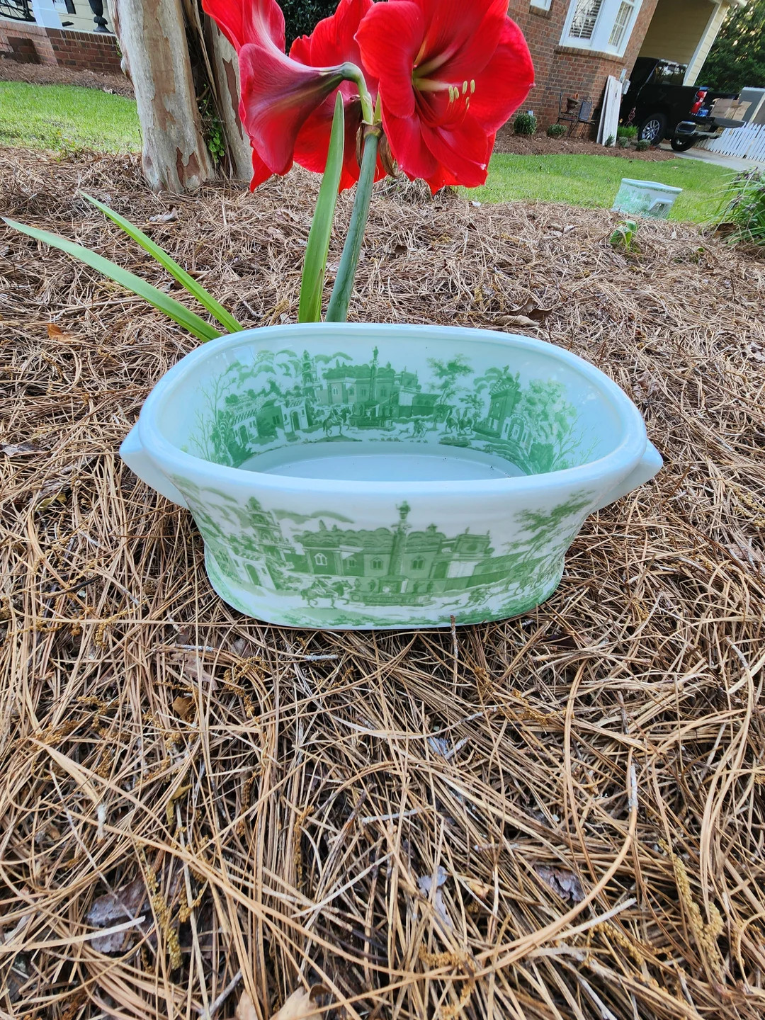 Chinoiserie Green & white Foot Bath Orchid Planter 14" 8" 5.5" Grand Millennial w/ handles. | Etsy (Global)