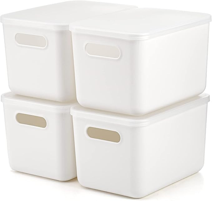 Lawei 4 Pack Plastic Storage Bins with Lid, White Stackable Storage Basket Organizer Box, Sturdy ... | Amazon (CA)