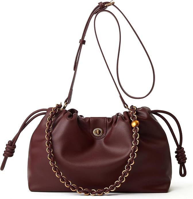 Bucket Hobo Purse for Women. Designer Drawstring Shoulder Bag with Top Chain Tote Handle and Long... | Amazon (US)