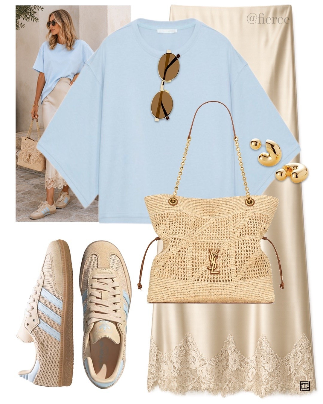 Satin lace skirt blue tshirt Ysl raffia chain bag crochet raffia adidas samba

#LTKuk #LTKsummer #LTKeurope