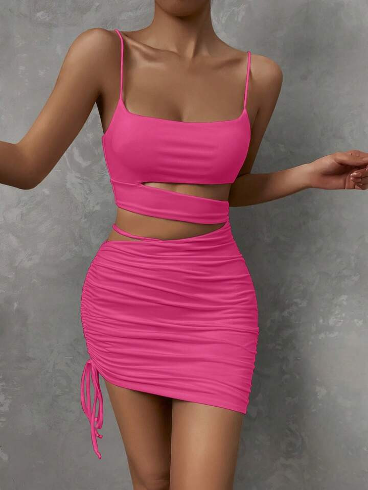 SHEIN Privé Cut Out Drawstring Side Ruched Side Cami Bodycon Dress | SHEIN