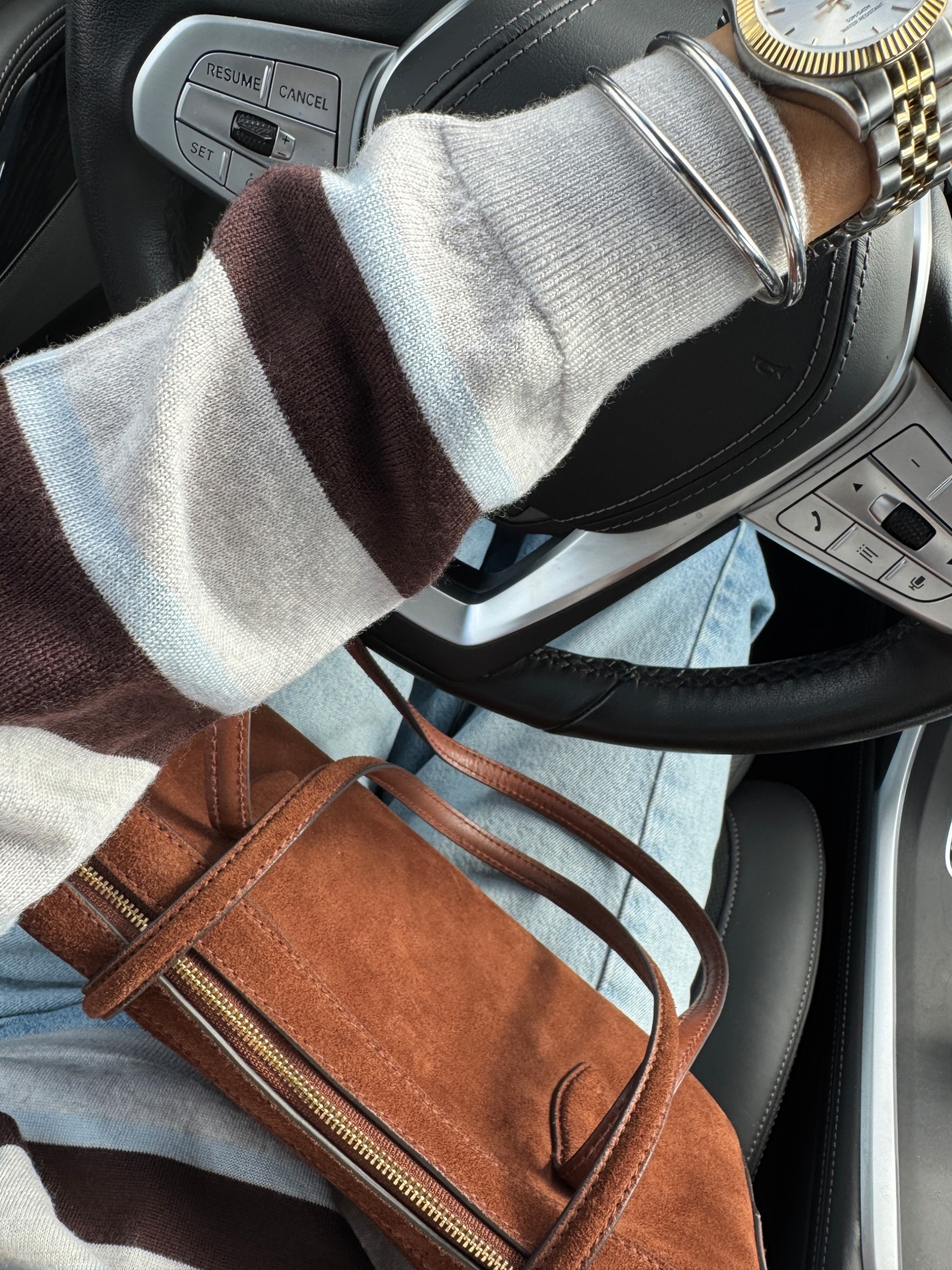 Fall outfit. Rugby shirt. Merino sweater. 
This rugby style sweater gives nice lightweight warmth. I love this blue and brown striped option; also available in another color. I sized up but could also wear true to size. 
Barrel jeans. I sized up. 
Suede handbag. Suede bag. 
Suede flats. Brown flats. 
Heart necklace. 
Bangle bracelets that are lightweight and water durable. 


#LTKOver40 #LTKItBag #LTKStyleTip